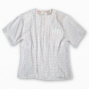 Vintage White Pink Pleated Front Print Short Sleeve Blouse w/Breast Pocket Top